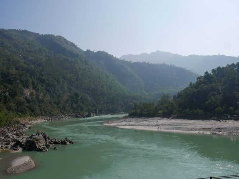 The Ganga running below the forested foothills at Rishikesh